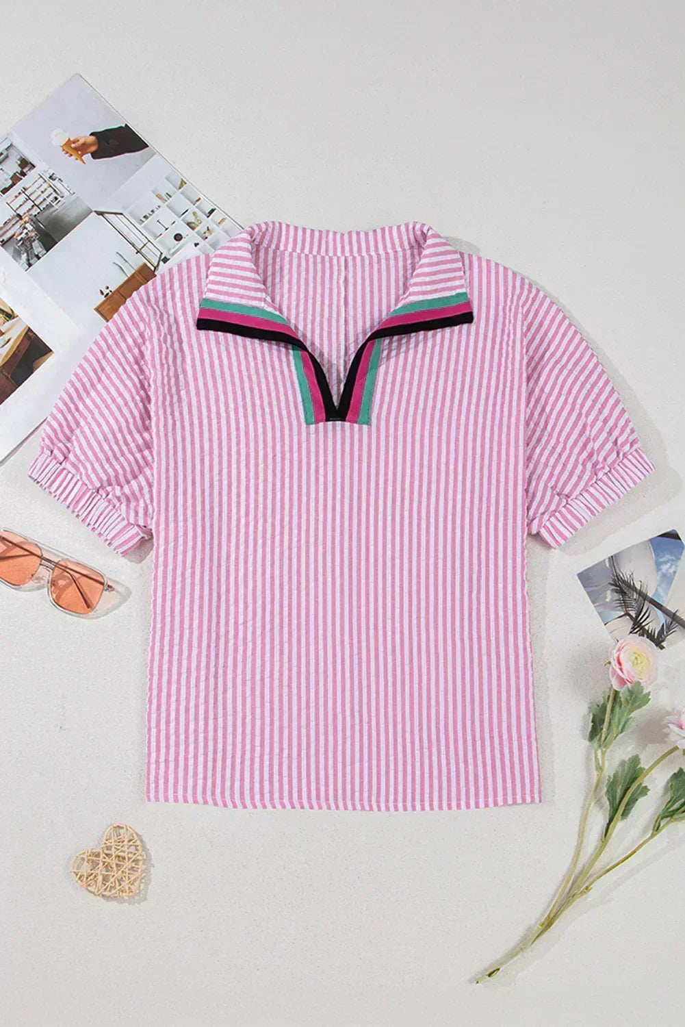 Sachet Pink Striped Dolman Sleeve Pop of Color Neckline Blouse