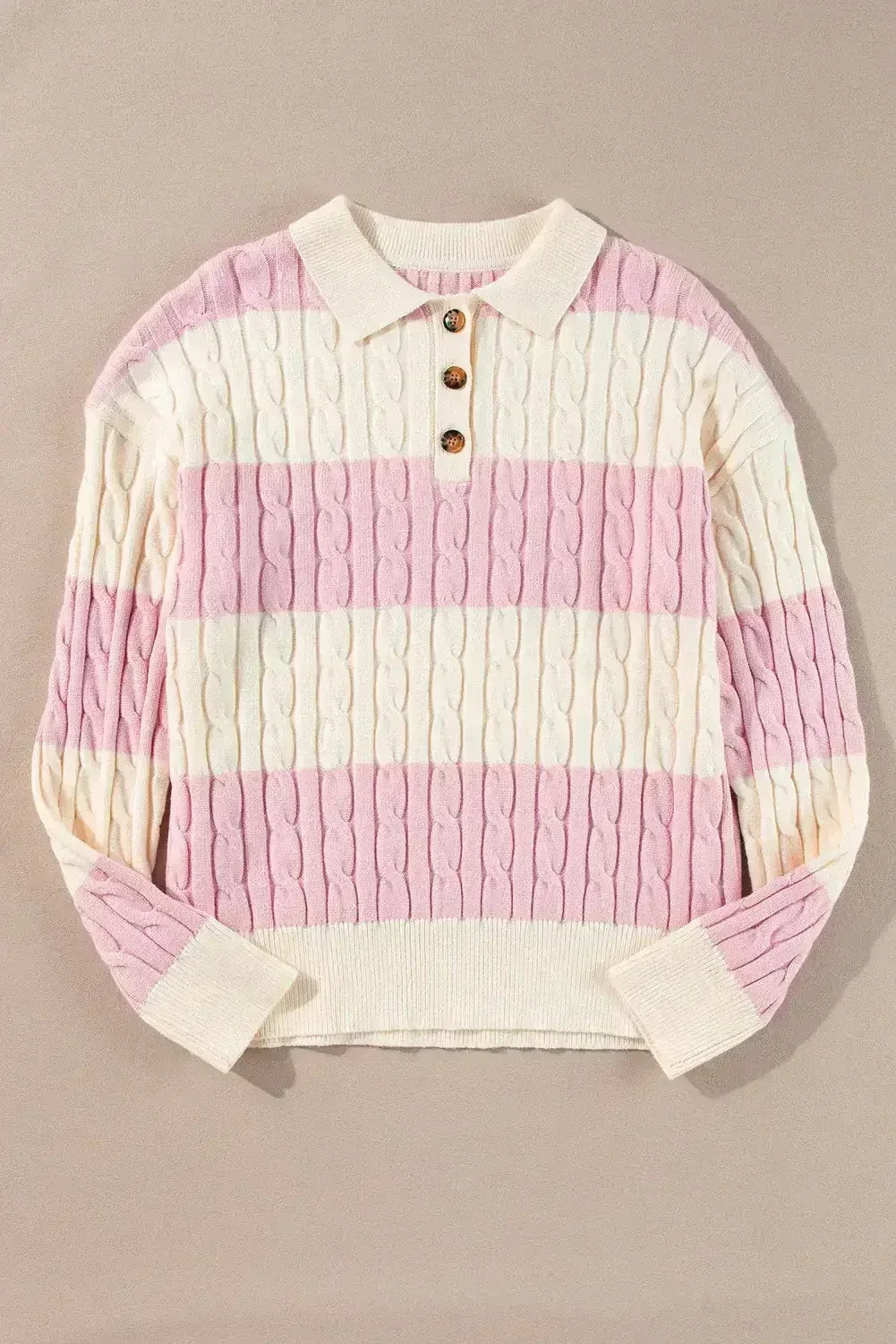 Pink Colorblock Button Collar Twisted Cable Knit Sweater - Femstylo