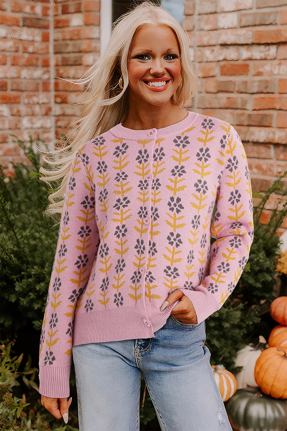 Pink Floral Button Down Ribbed Trim Knit Cardigan