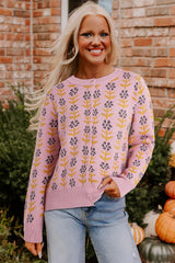 Pink Floral Button Down Ribbed Trim Knit Cardigan