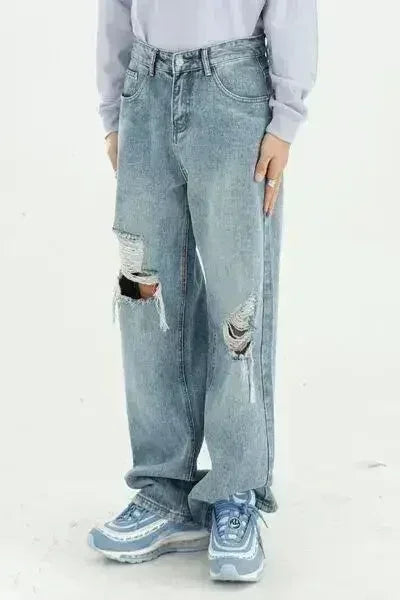 Distressed Wide Leg Jeans with Pockets - Femstylo