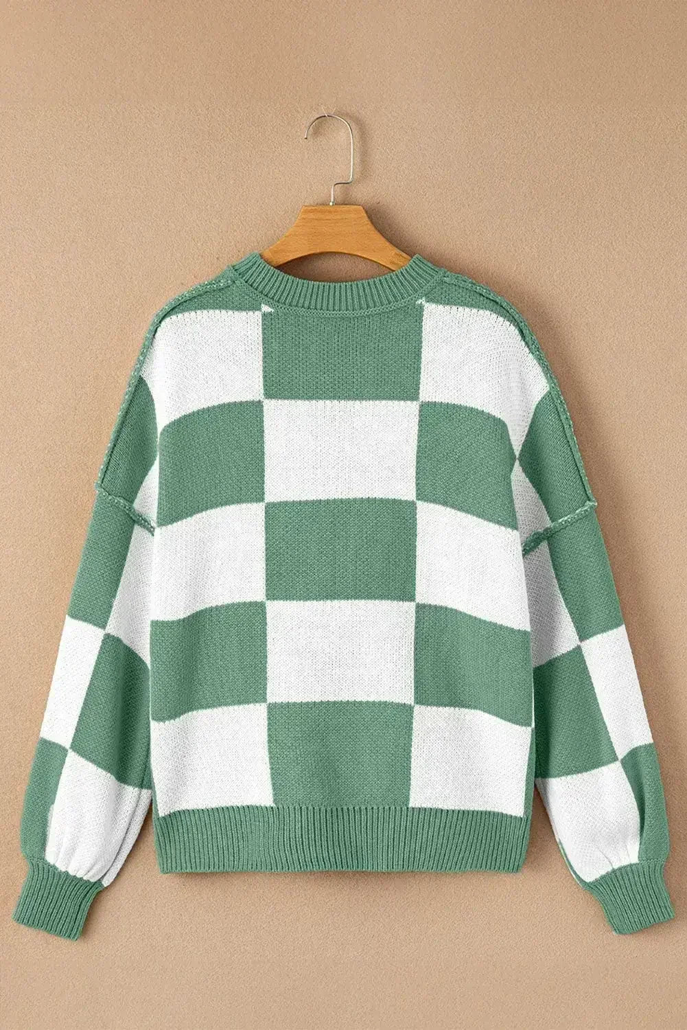 Green Checkered Bishop Sleeve Pullover Sweater - Femstylo