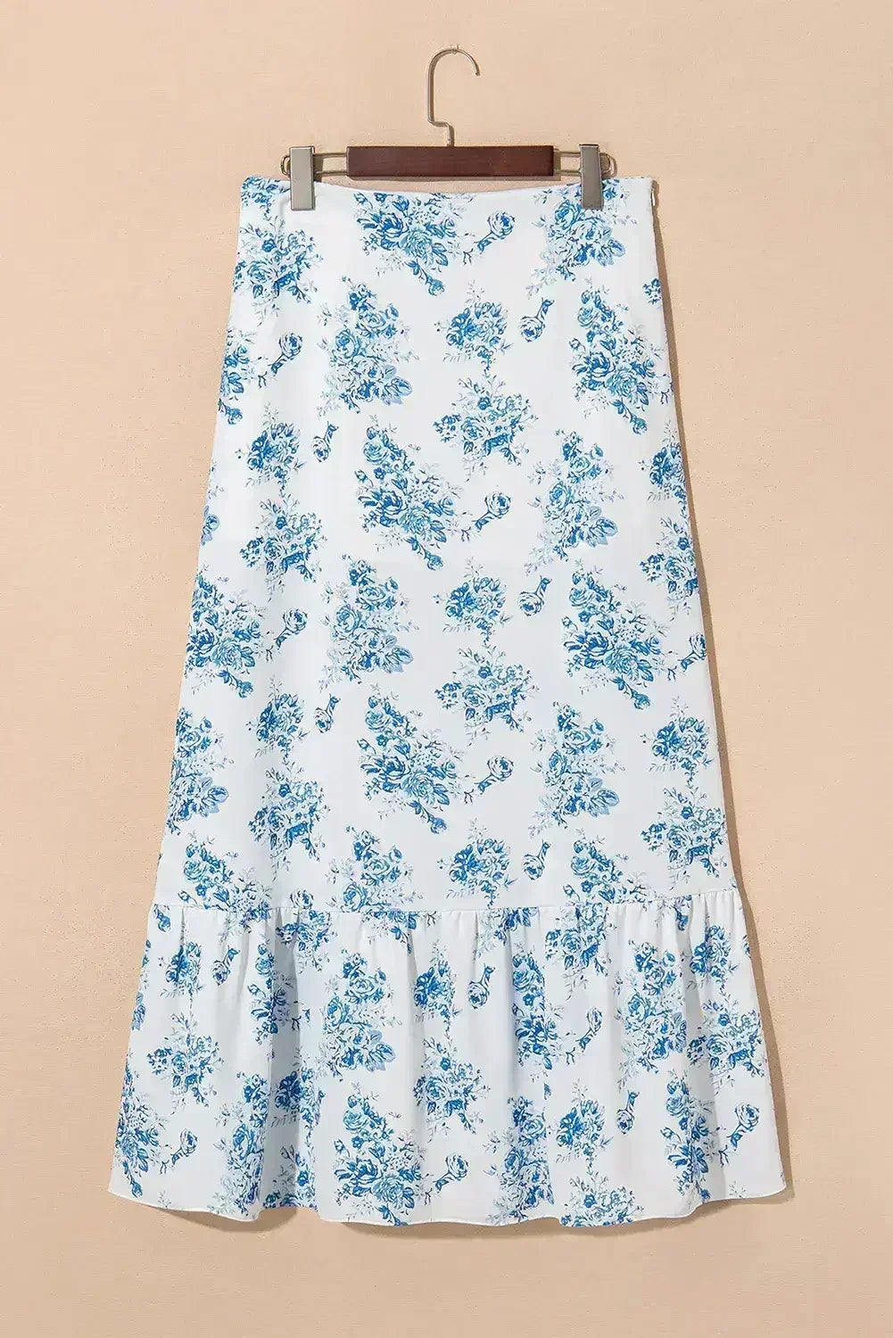Sky Blue Boho Floral High Waist Ruffle Split Maxi Skirt - Femstylo