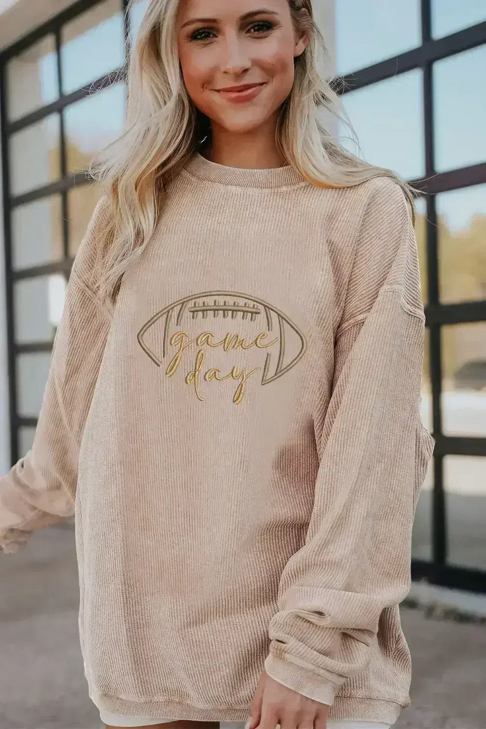 Apricot Football Graphic Drop Shoulder Game Day Corded Sweatshirt - Femstylo