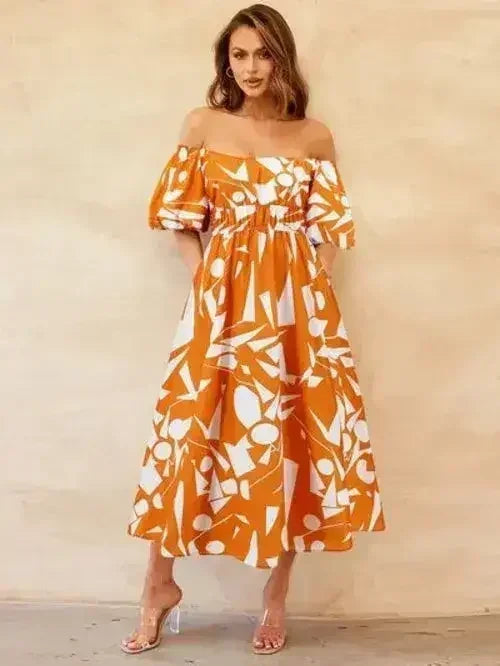 Printed Off-Shoulder Balloon Sleeve Dress - Femstylo
