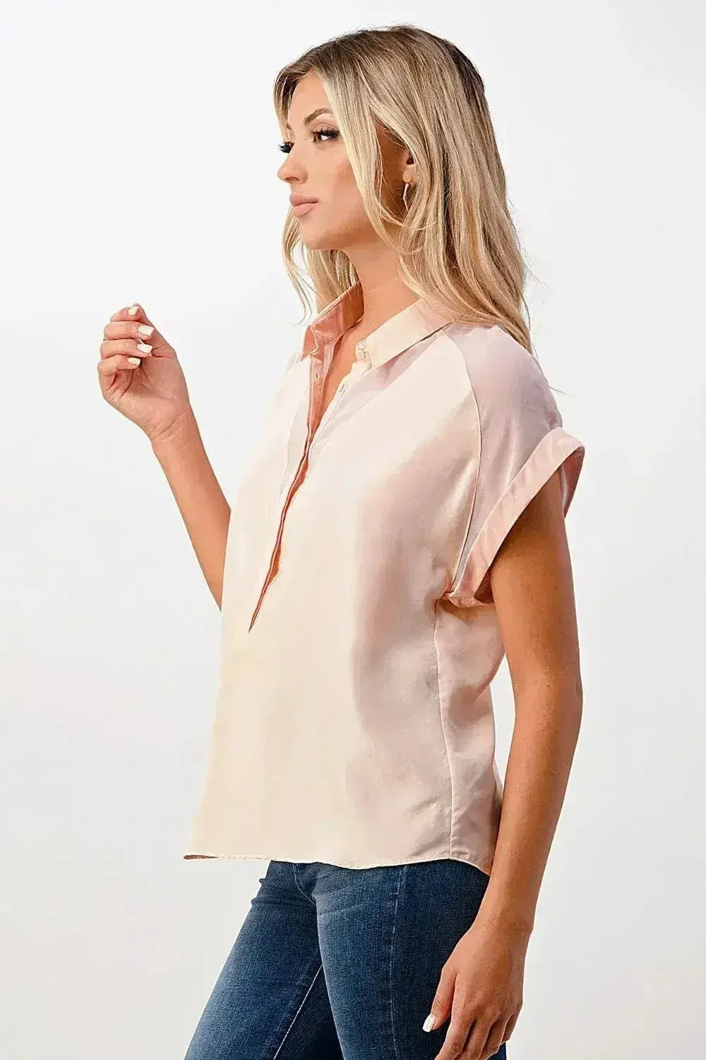 Rolled Sleeve Button-Up Satin Blouse - Femstylo