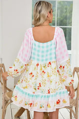 Pink Boho Floral and Plaid Patchwork Ricrac Lantern Sleeve Dress - Femstylo