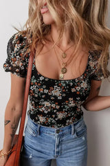 Black Floral Print U Neck Short Puff Sleeve Bodysuit - Femstylo
