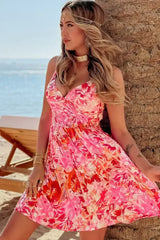 Red Floral Spaghetti Strap Surplice Neck Shirred Waist Mini Dress - Femstylo