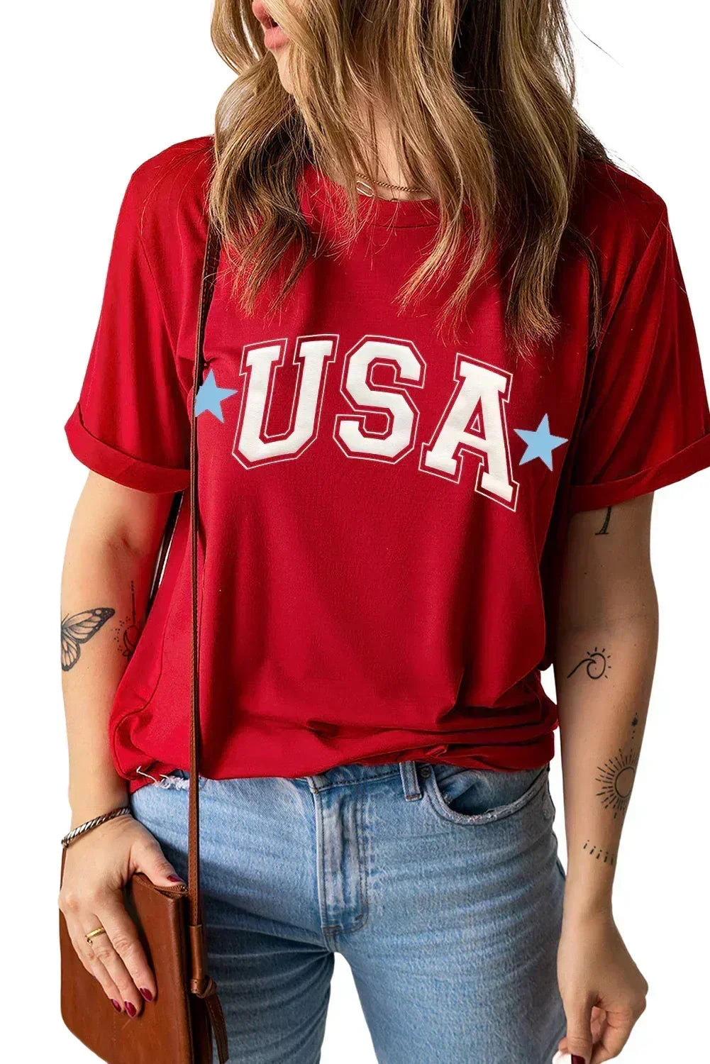 Red Star USA Print Crewneck T Shirt