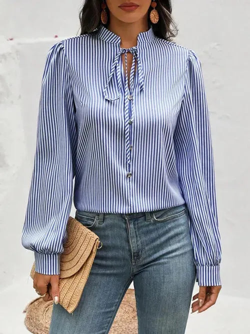 Striped Tie Neck Long Sleeve Blouse - Femstylo