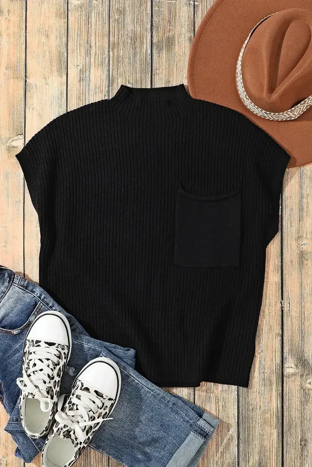 Mineral Red Patch Pocket Ribbed Knit Short Sleeve Sweater - Femstylo