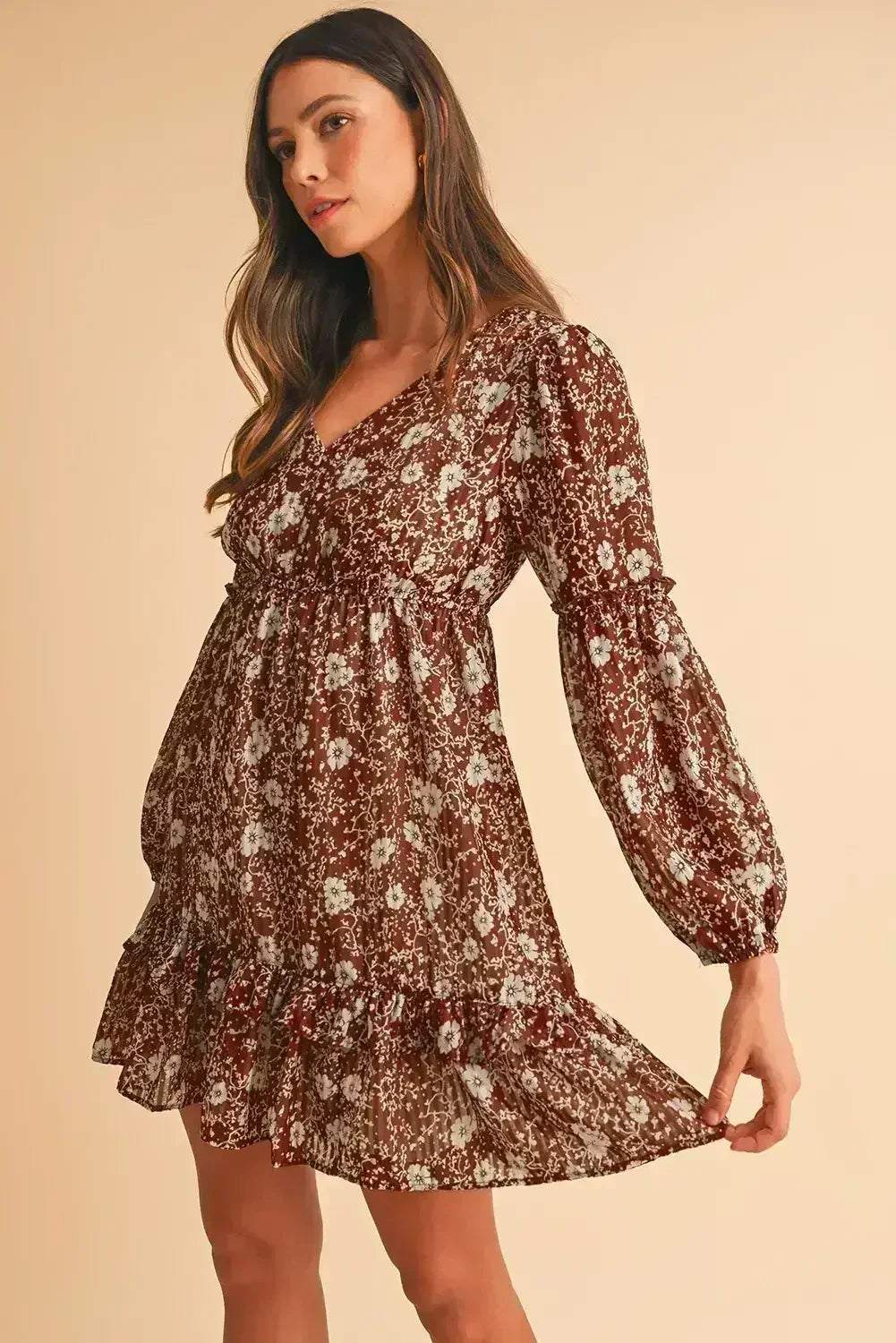 Brown Boho Floral Ruffle Puff Sleeve V Neck Mini Dress - Femstylo