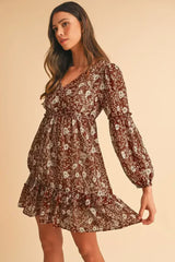 Brown Boho Floral Ruffle Puff Sleeve V Neck Mini Dress - Femstylo