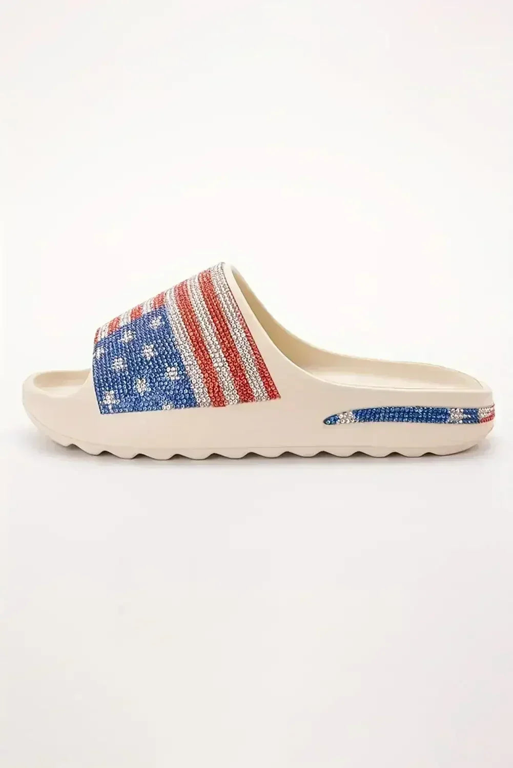 White Rhinestone American Flag Thick Sole Slides Shoes - Femstylo