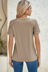 Pale Khaki Seamed Detail Contrast Lace Raglan Sleeve Tee - Femstylo