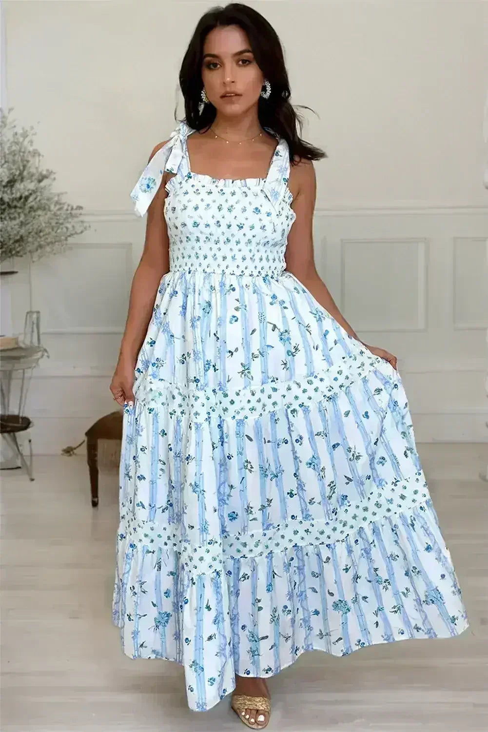 Sky Blue Floral Smocked A-Line Tie Straps Maxi Dress - Femstylo