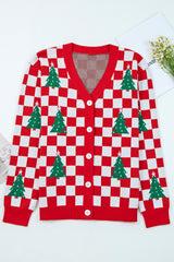 Red Checkered Christmas Tree Pattern Button V Neck Knit Cardigan
