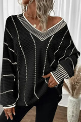 Black Contrast V Neck Loose Tunic Sweater - Femstylo