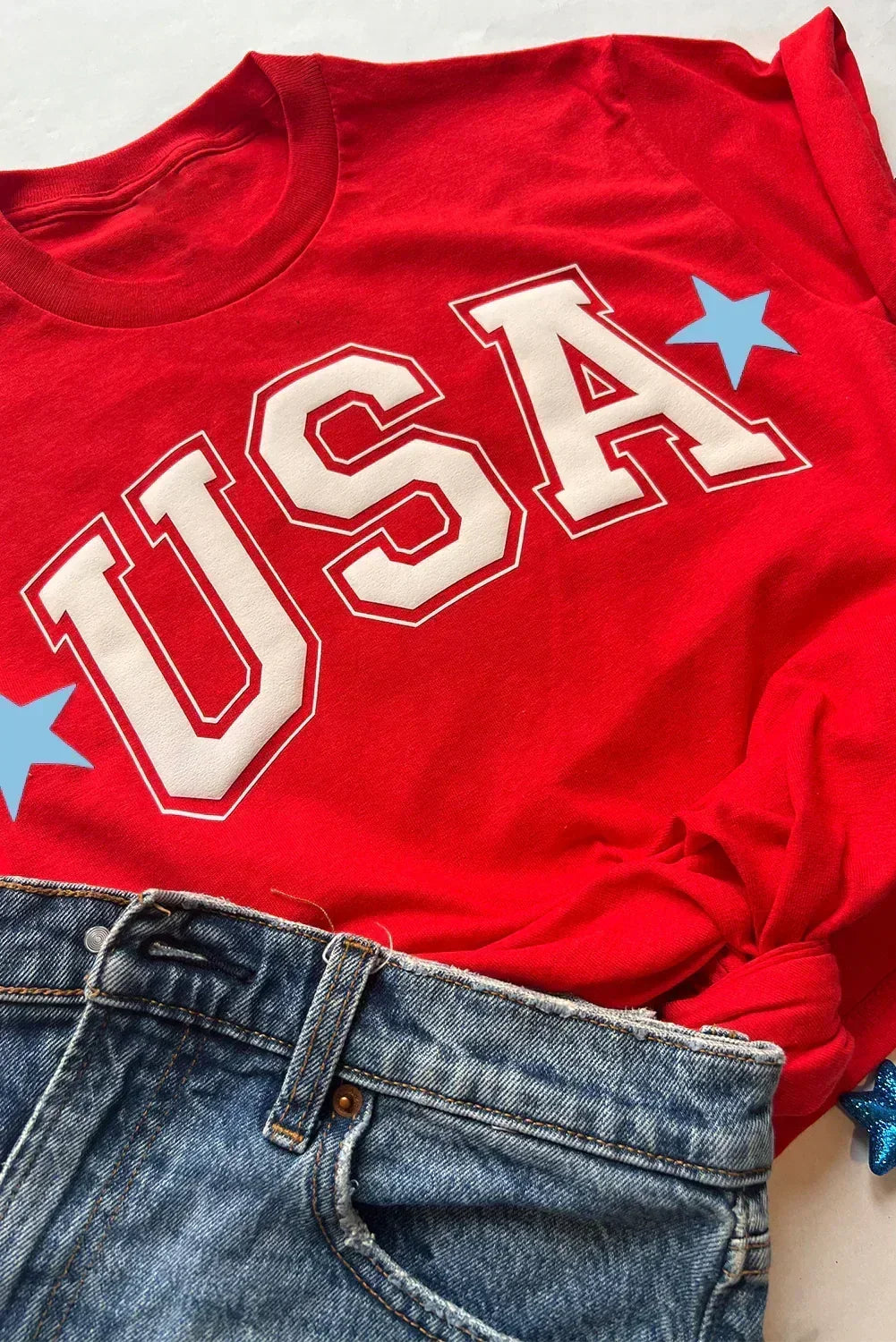 Red Star USA Print Crewneck T Shirt
