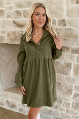 Vineyard Green Corduroy Half Button Collared Long Sleeve Mini Dress
