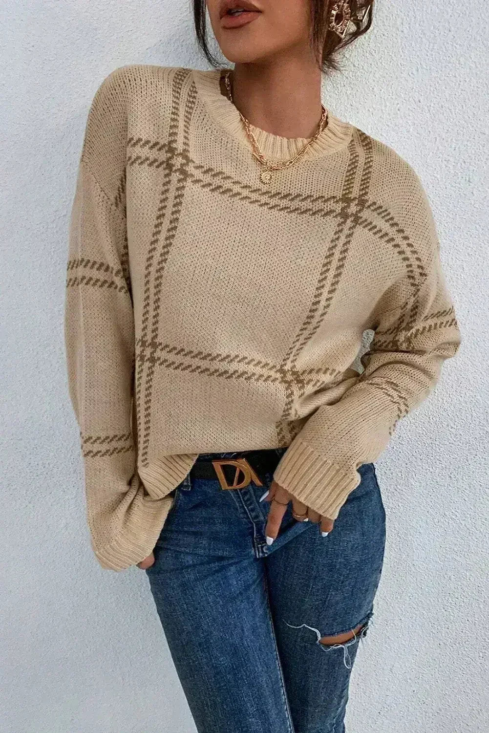 Khaki Plaid Pattern Knitted Drop Shoulder Sweater - Femstylo