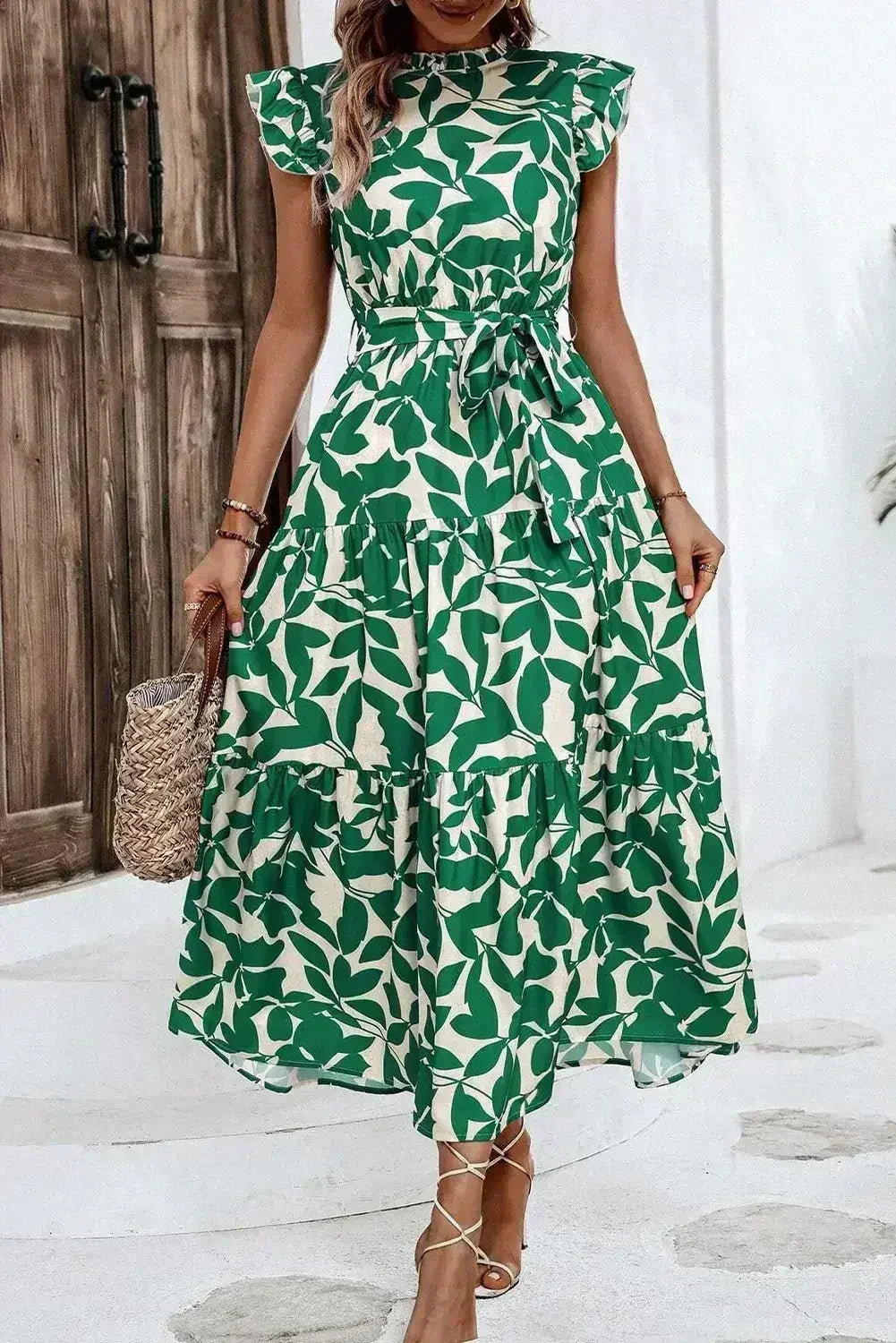 Green Leaf Print Ruffle Mock Neck High Waist Sleeveless Dress - Femstylo