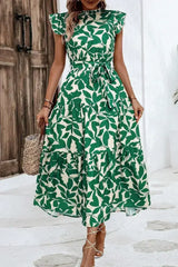 Green Leaf Print Ruffle Mock Neck High Waist Sleeveless Dress - Femstylo