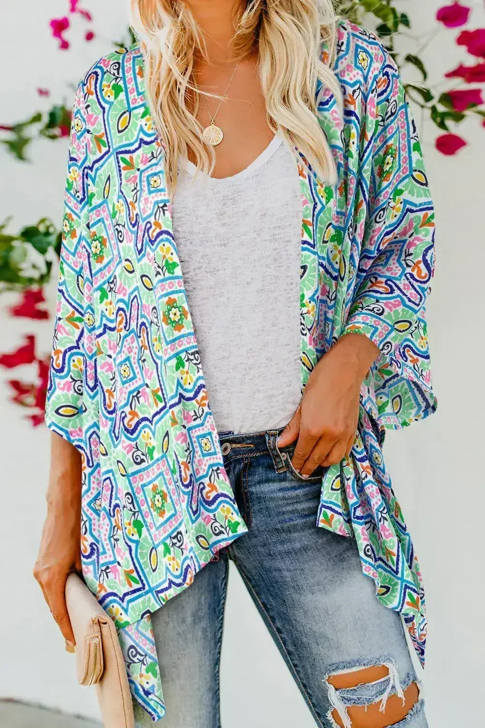 White Boho Floral Printed Rhinestone 3/4 Sleeve Open Front Kimono - Femstylo