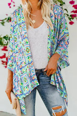 White Boho Floral Printed Rhinestone 3/4 Sleeve Open Front Kimono - Femstylo