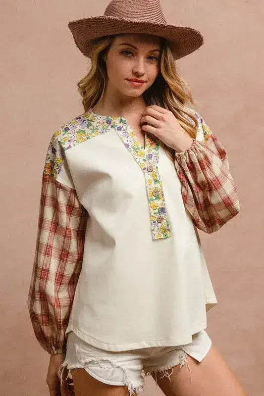 BiBi Floral Notched Plaid Balloon Sleeve Top - Femstylo