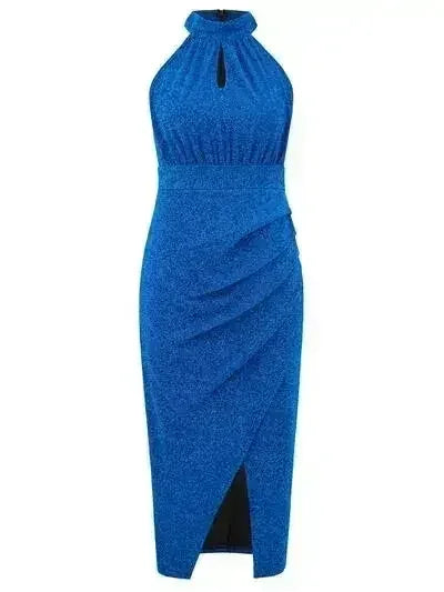 Slit Ruched Mock Neck Sleeveless Dress - Femstylo