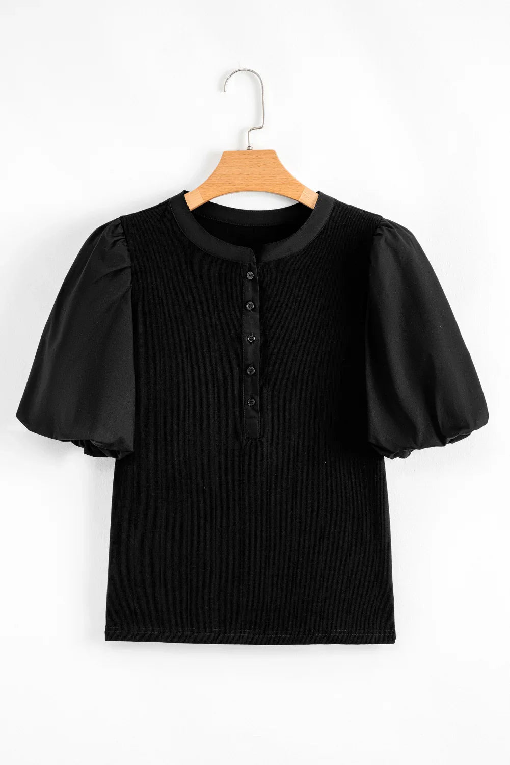 Black Ribbed Patchwork Puff Sleeve Henley Slim Fit Top