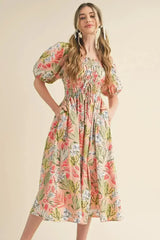 Apricot Pink Floral Knot Front Smocked Bubble Sleeve Dress - Femstylo