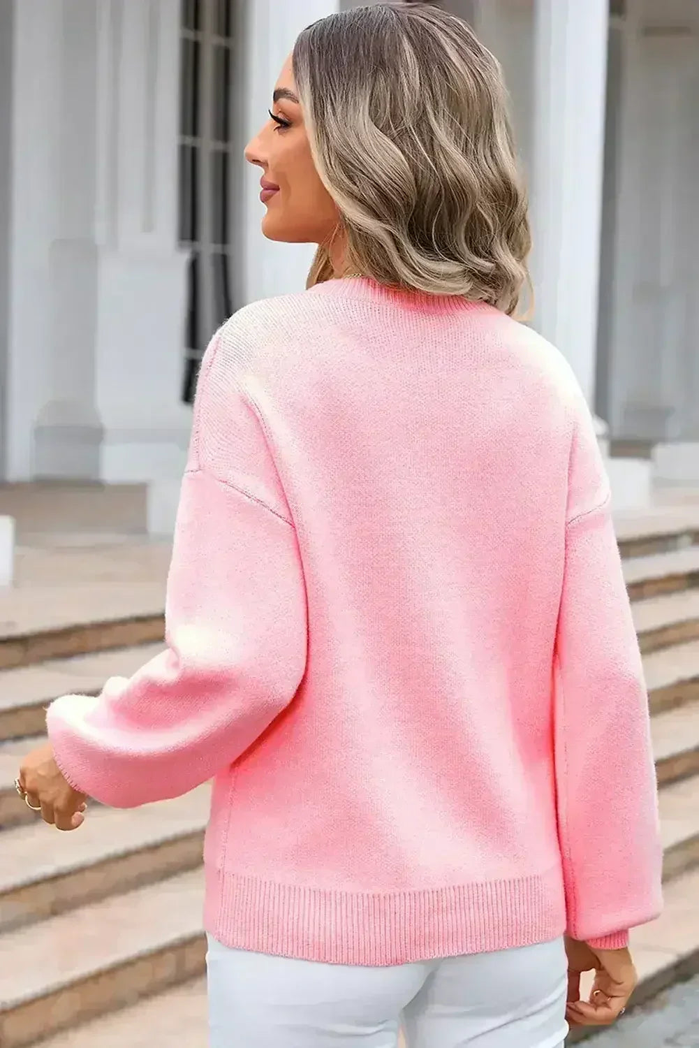 Pink Bow Round Neck Pullover Sweater - Femstylo
