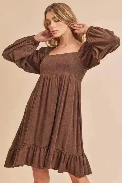 Aemi + Co Ruffled Hem Square Neck Balloon Sleeve Mini Dress - Femstylo