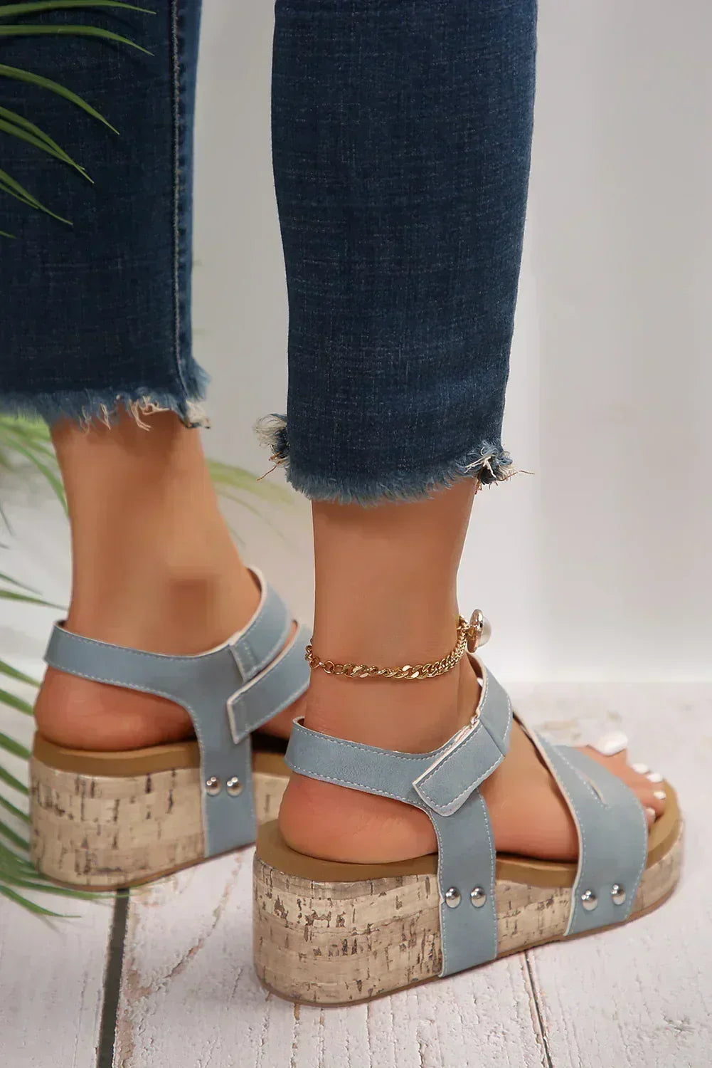 Chestnut Hollow Out Velcro Leather Wedge Sandals