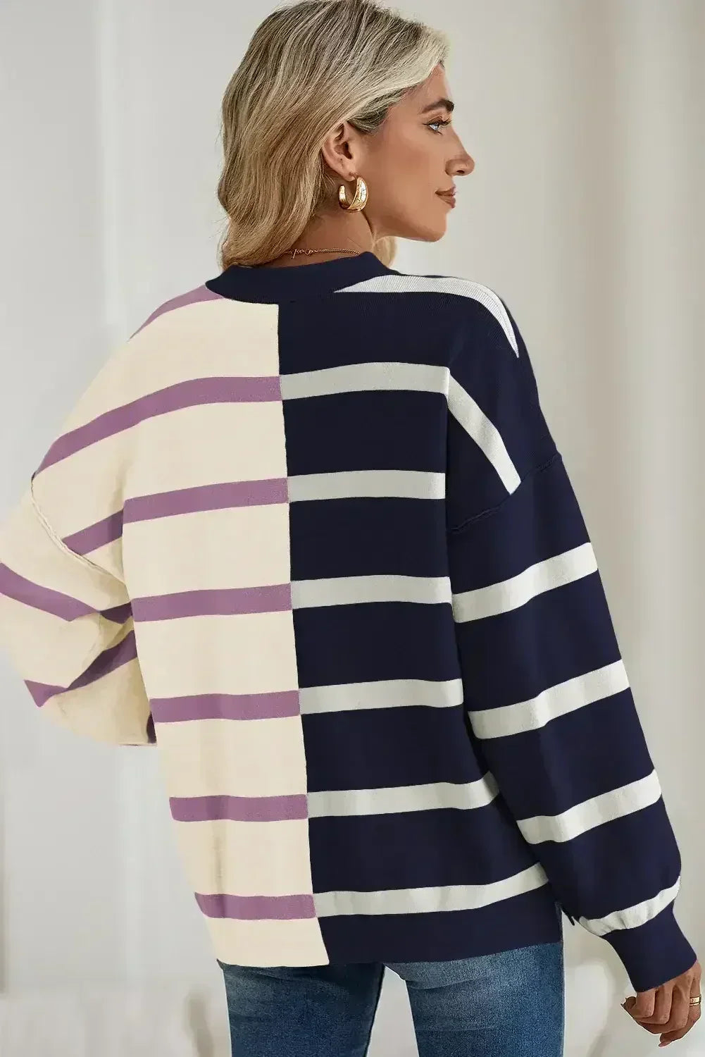 Pink Striped Patchwork Drop Shoulder Sweater - Femstylo