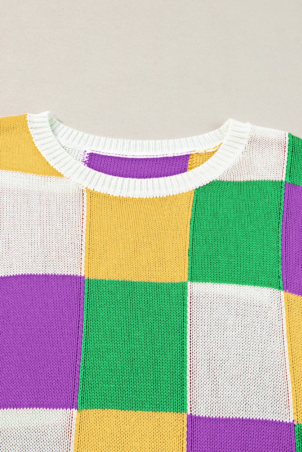 Tillandsia Purple Checkered Color Block Cap Sleeve Mardi Gras Knitted Top