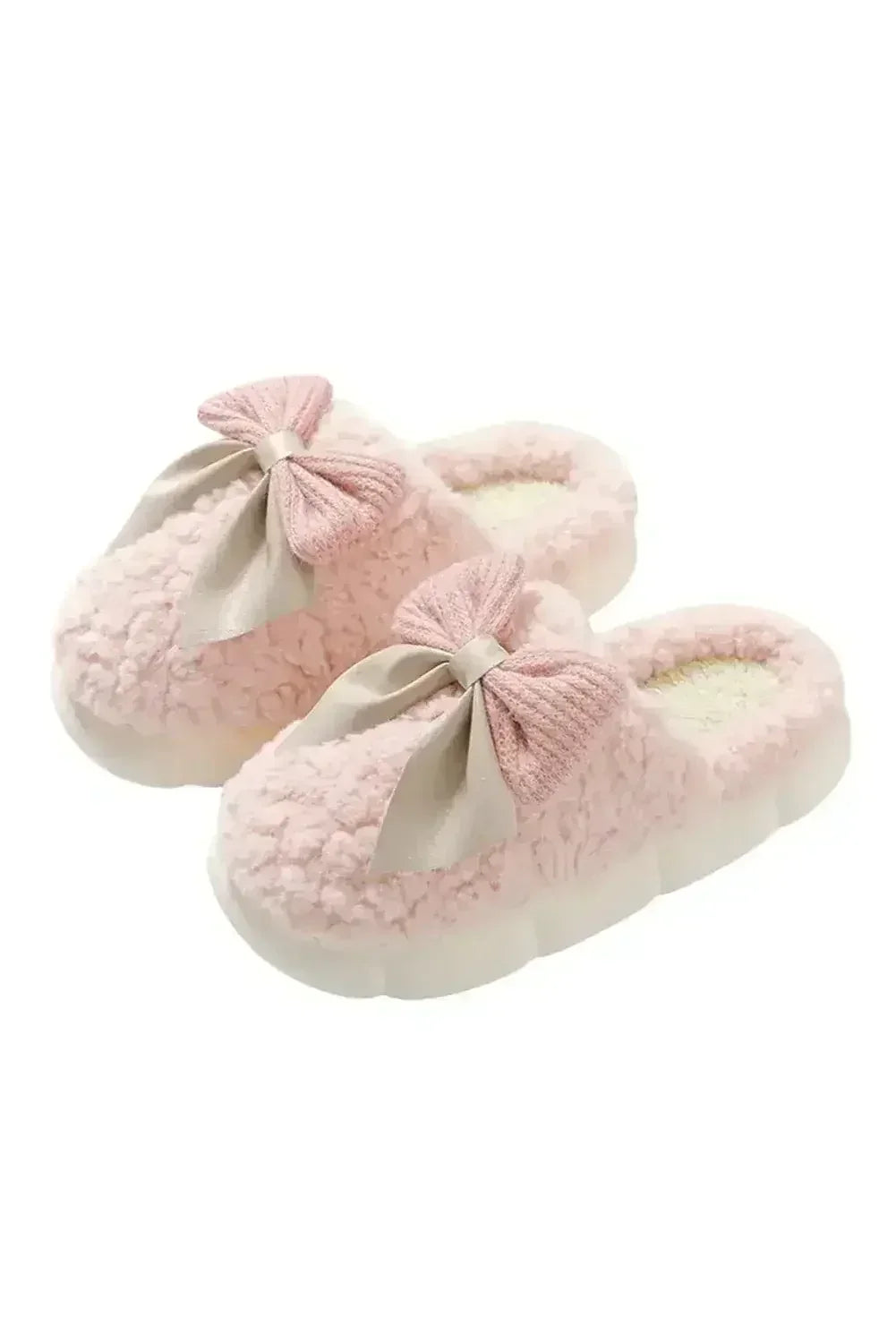 White Contrast Bowknot Applique Plush Winter Slippers - Femstylo