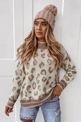 Brown Two-tone Ribbed Trim Contrast Leopard Sweater - Femstylo