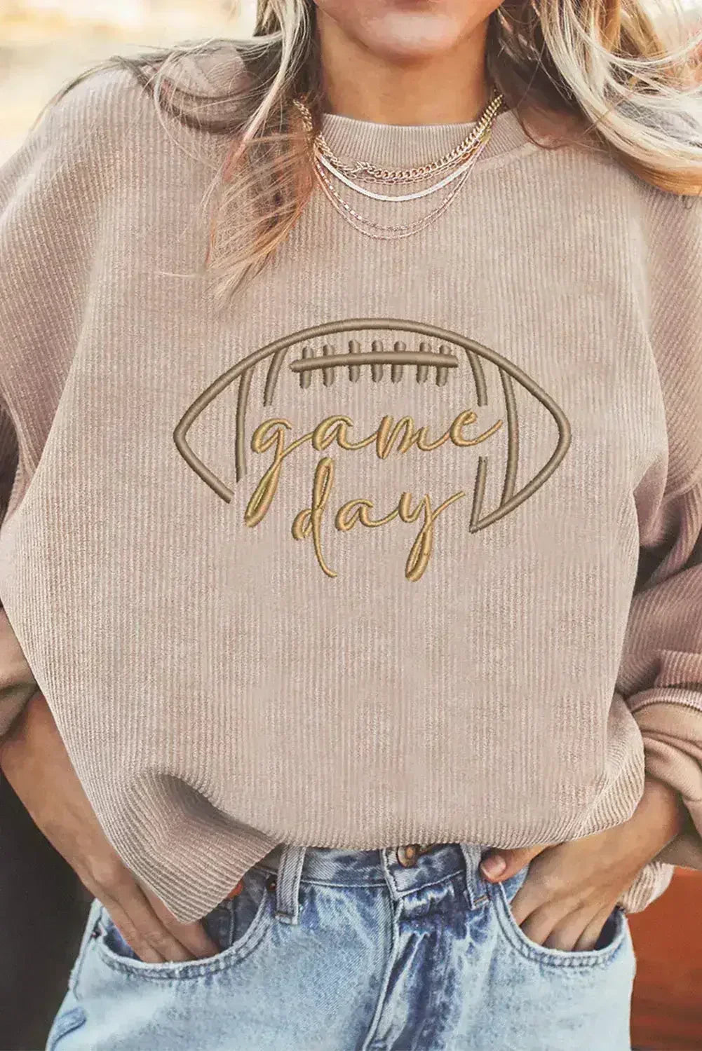 Apricot Football Graphic Drop Shoulder Game Day Corded Sweatshirt - Femstylo