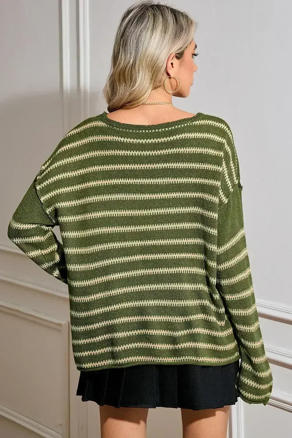 Brown Stripe Casual Round Neck Drop Shoulder Sweater - Femstylo