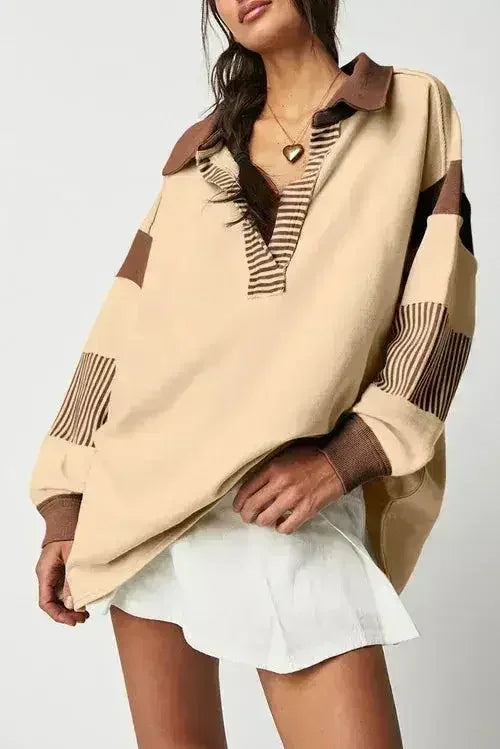 Dark Blue Striped Colorblock Patchwork Collar Sweatshirt - Femstylo