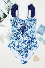 Blue Cutout Ruffle Spaghetti Strap One-Piece Swimwear - Femstylo