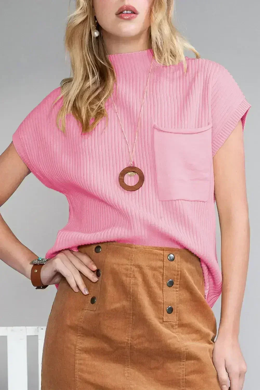 Mineral Red Patch Pocket Ribbed Knit Short Sleeve Sweater - Femstylo