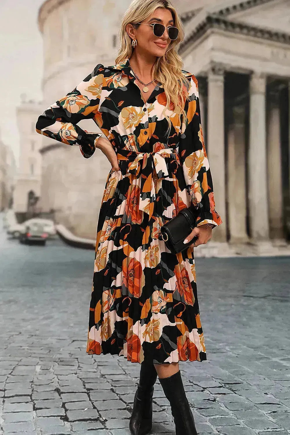 Floral Pleated Shirt Dress - Waist Tie Midi Dress | Femstylo