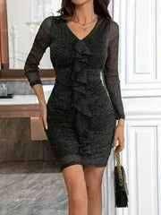 Metallic Ruffled V-Neck Long Sleeve Mini Dress - Femstylo