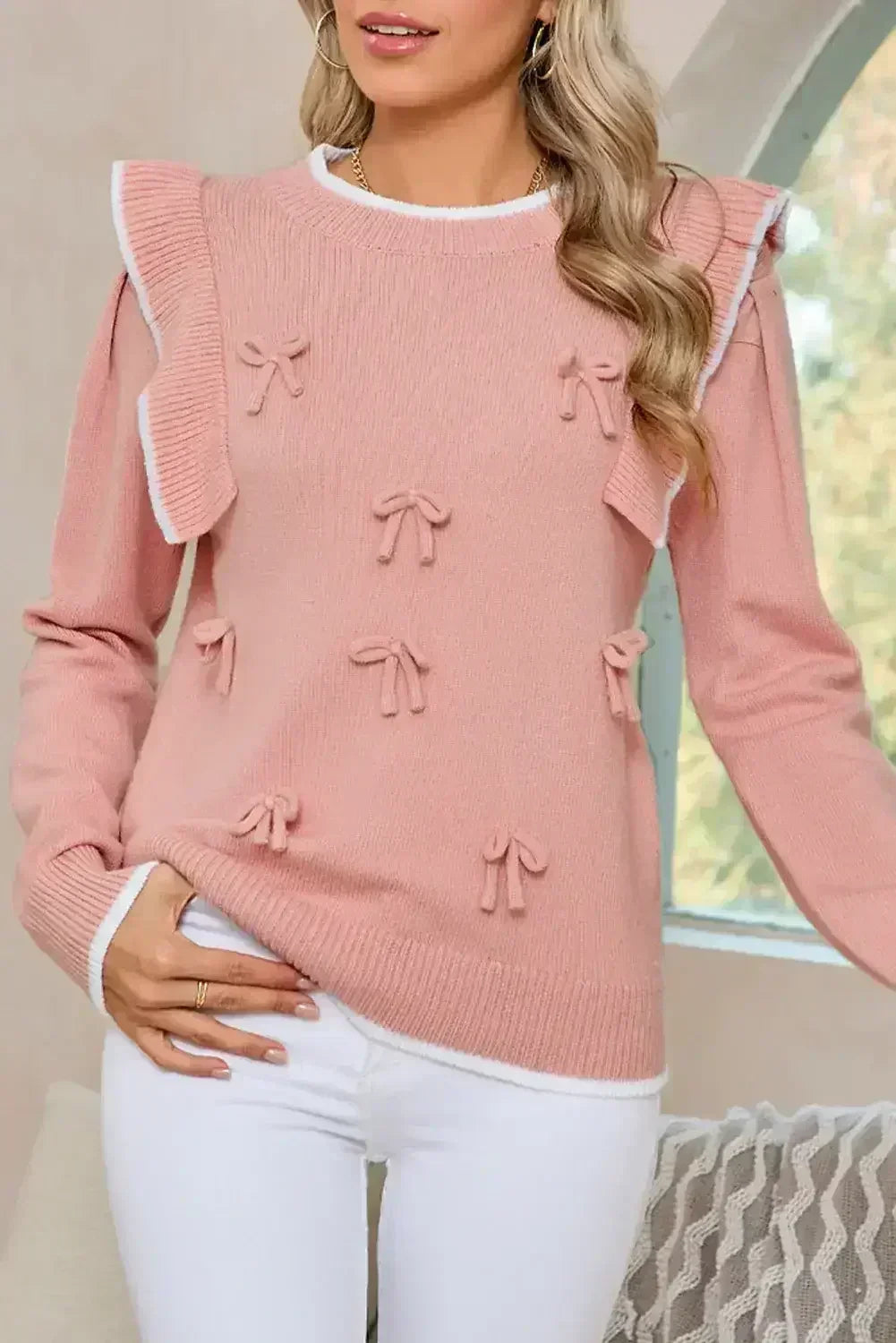 Light Pink Bow Detail Contrast Trim Ruffle Sweater - Femstylo