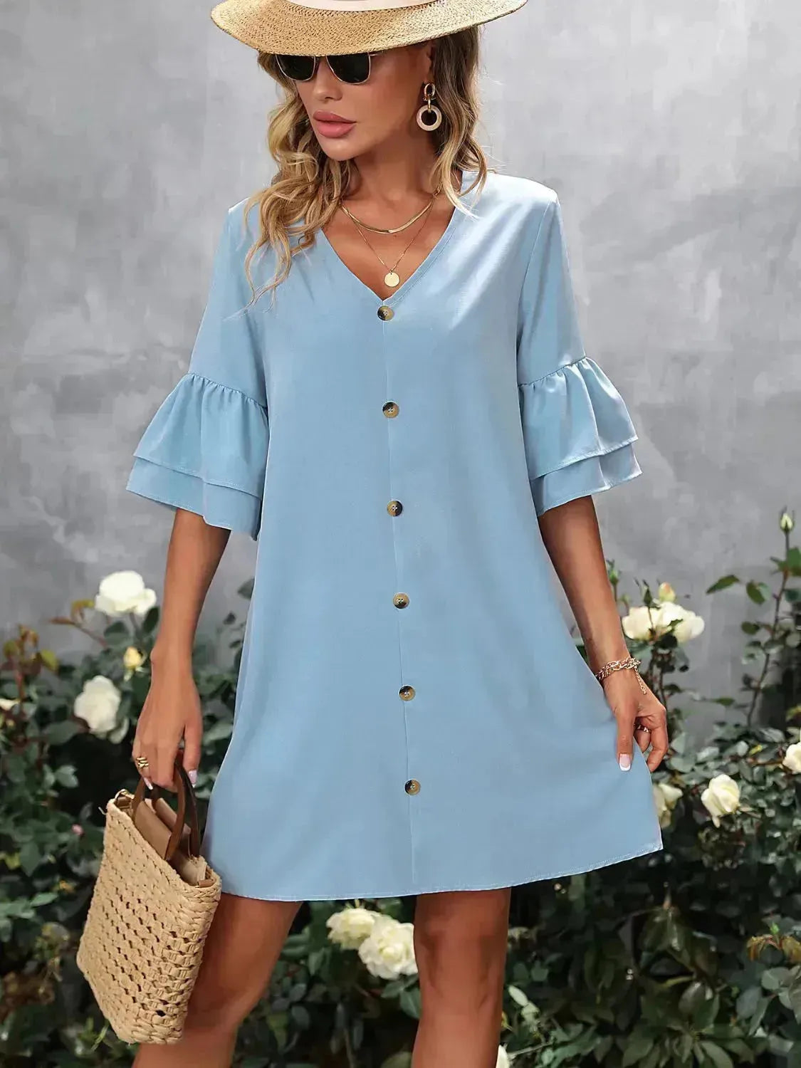 V-Neck Mini Dress – Ruffled Detail & Decorative Buttons
